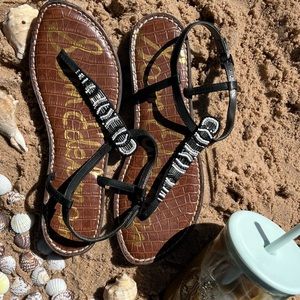 Sam Edelman GRACE Black/Grey/White Beading EUC Black Leather Thong Sandal size 8
